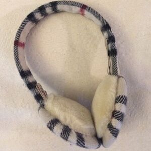 Burberry Cream and Black Plaid Fleece Earmuffs with Red Accent